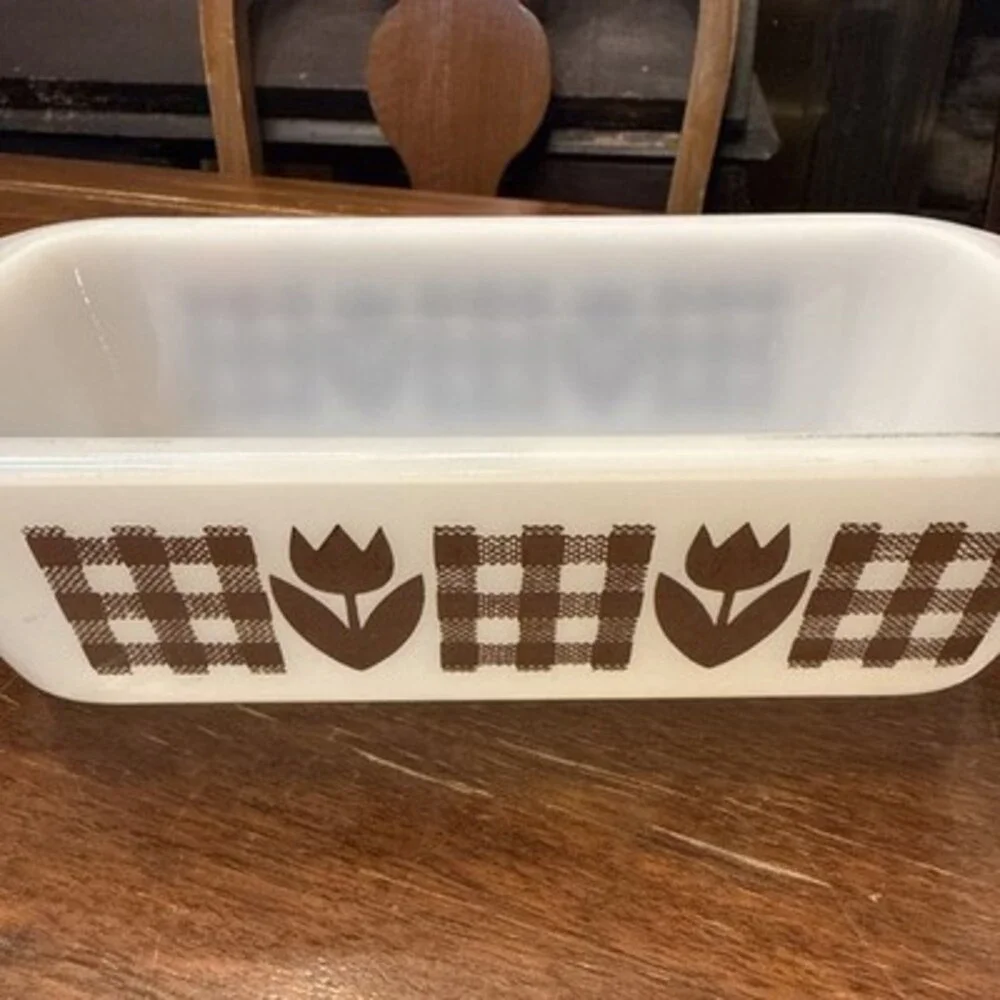 Vintage Glasbake 5x9  White Milk Glass Loaf Pan Brown Gingham Tulips
